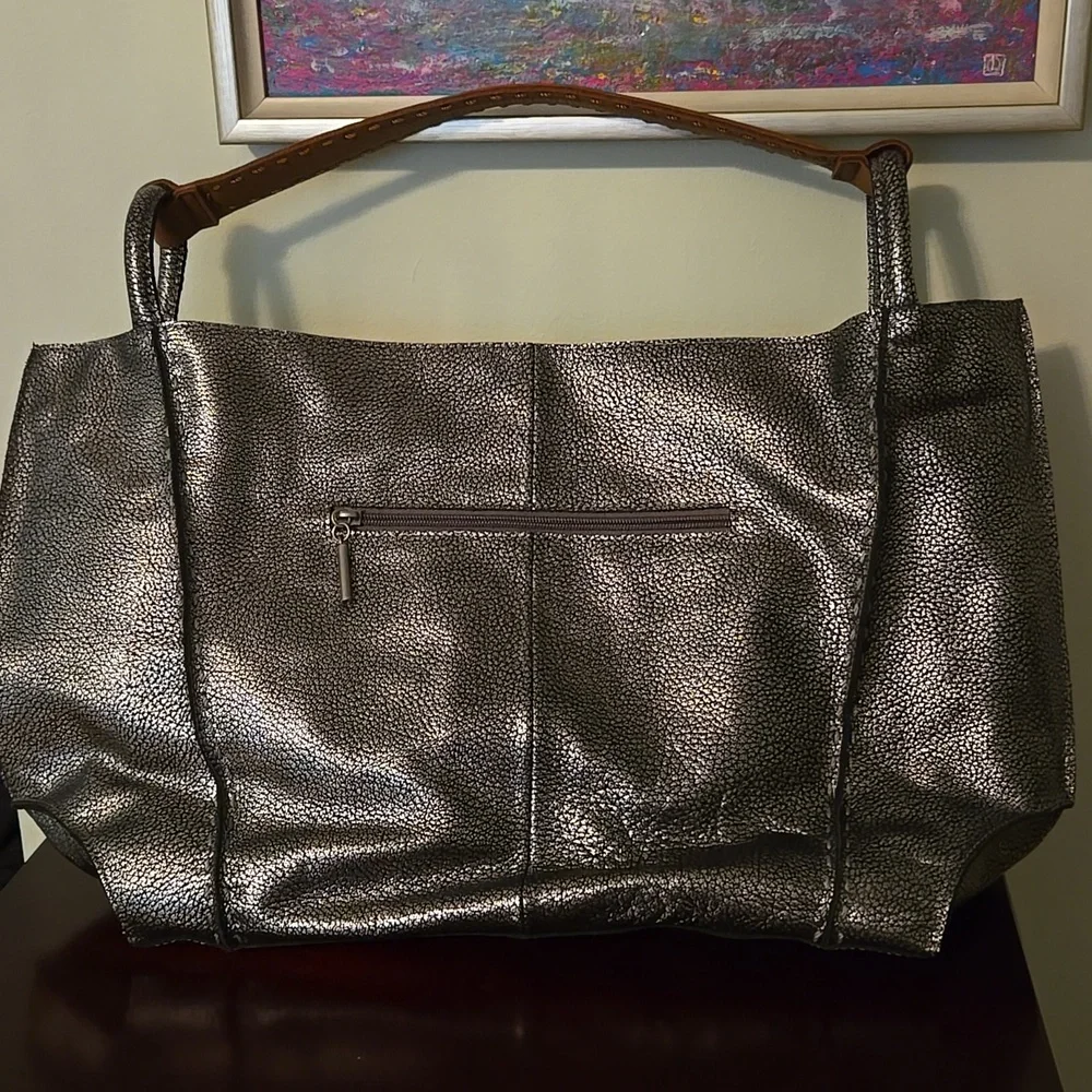 The Sak Metallic Silver Tote with Tan Handles, Los Feliz Large Tote, Never Used! - Picture 3 of 9